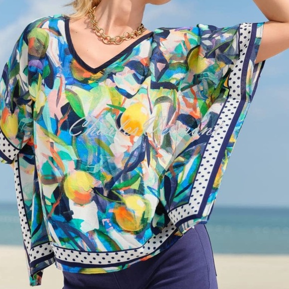 Simply Art By Dolcezza Poncho Style Blouse Womens Medium Lemon Print Colorful - Picture 9 of 9